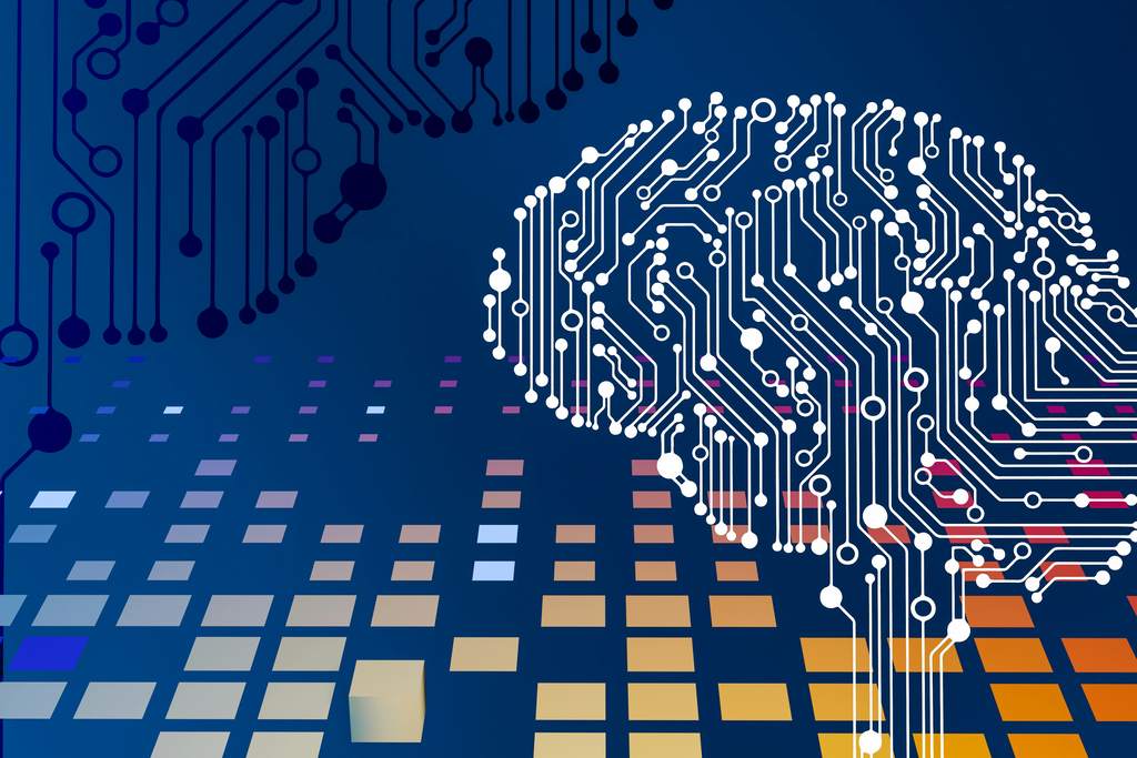 Un circuit imprimé stylisé dessine la forme d’un cerveau sur un fond bleu