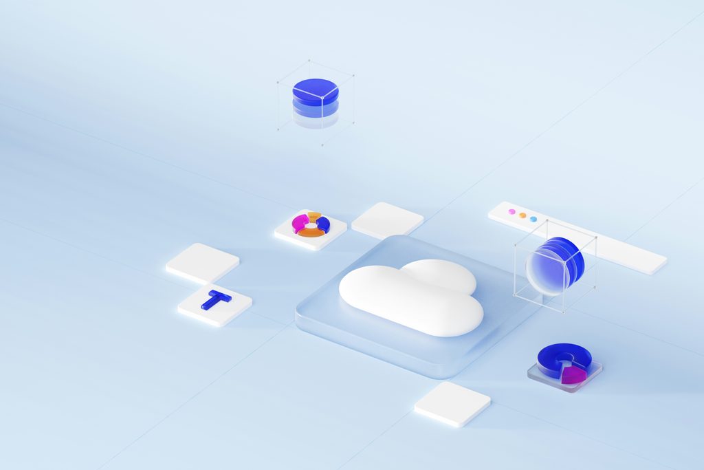 A three-dimensional illustration of a white cloud surrounded by interface elements